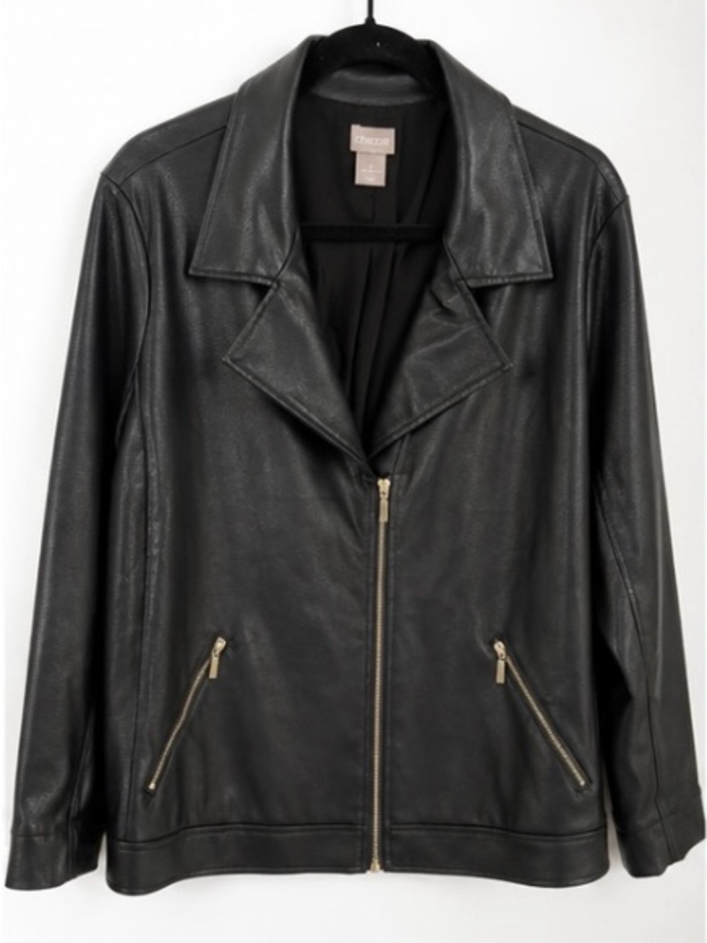 Chico’s Black Faux Leather Moto Jacket Size 3 (XL 16/18) Zip Front Classic 0021